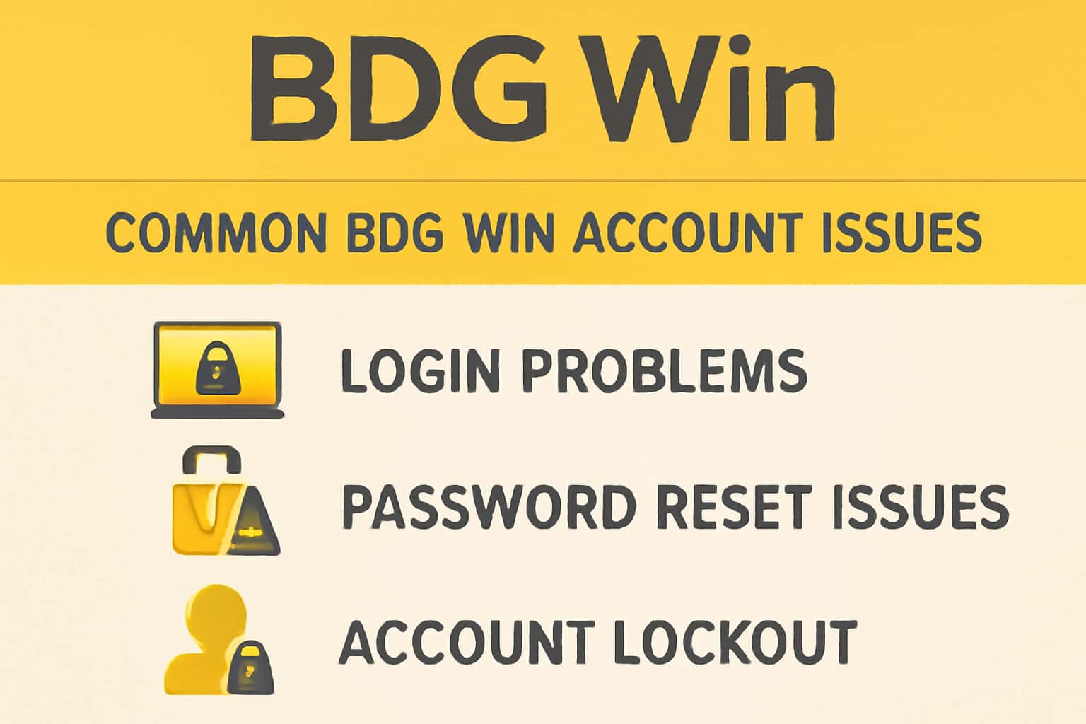 An informational scene illustrating common issues with BDG Win accounts.